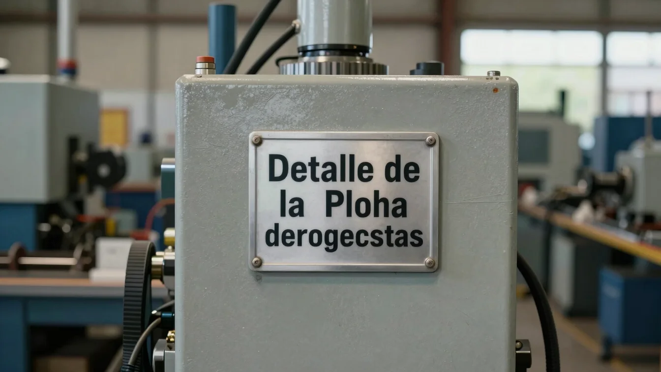 Detalle de la placa de características de una máquina industrial en un taller, luz natural, colores fieles, formato docu